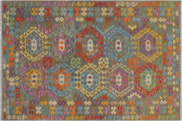 Flat Weave Kilim, Antique, Navaho, Vintage, Handmade, Geometric Kilim Gray Blue Hand-Woven Rectangle 100% Wool Area Rug 6 x 8